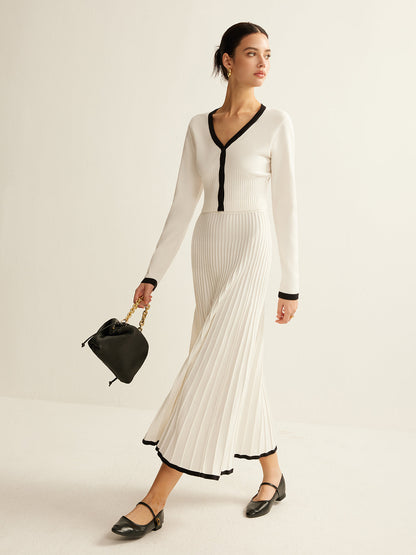 Kontrast Kesim Pileli Örgü Etek Takımı