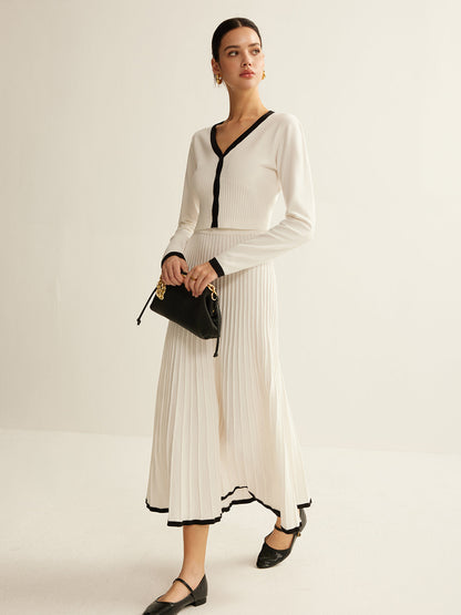 Kontrast Kesim Pileli Örgü Etek Takımı