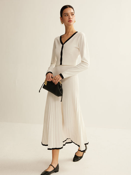 Kontrast Kesim Pileli Örgü Etek Takımı