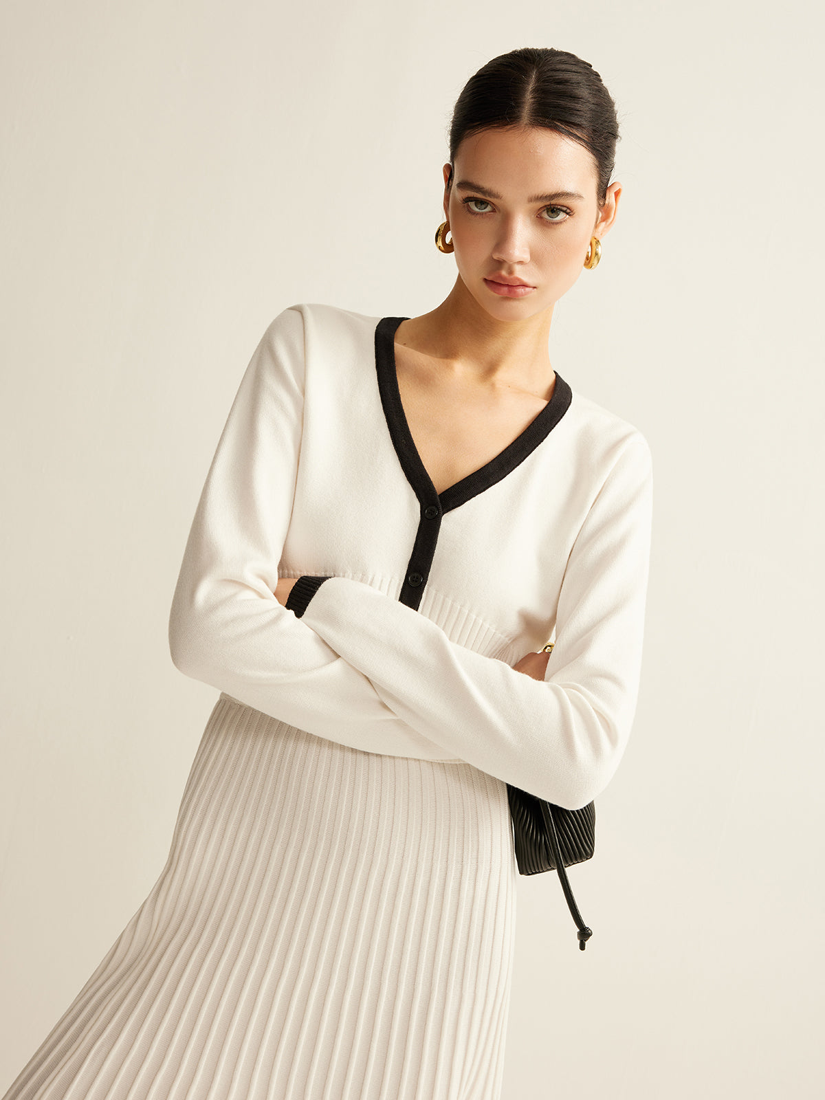 Kontrast Kesim Pileli Örgü Etek Takımı