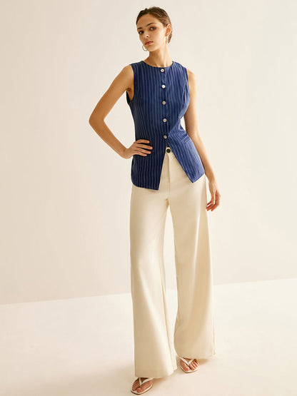 Çizgili Düğmeli Kolsuz Gömlek