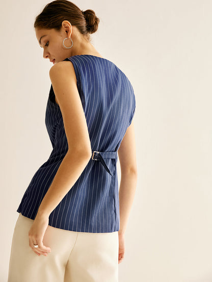 Çizgili Düğmeli Kolsuz Gömlek