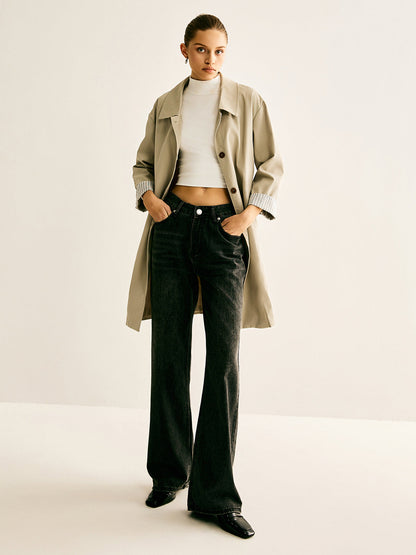 İnce Çizgili Manşet Uzun Trençkot