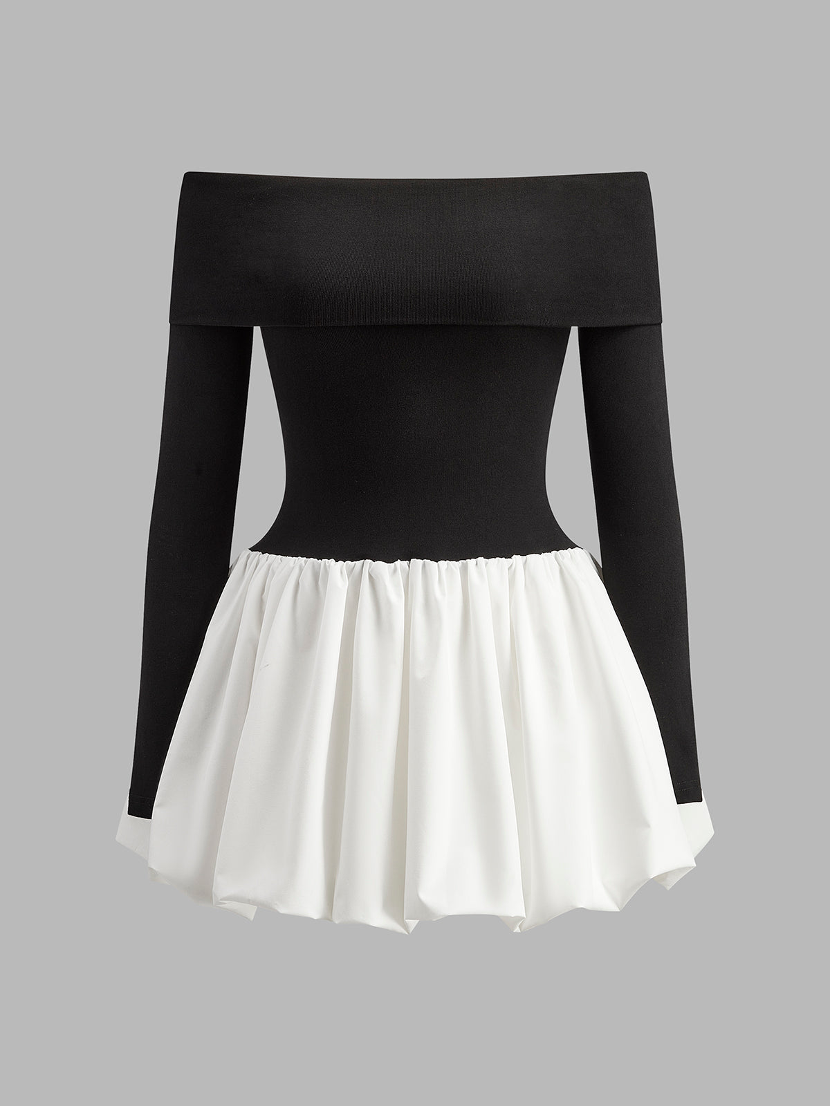 İki Tonlu Omuz Açık Kabarık Kısa Elbise