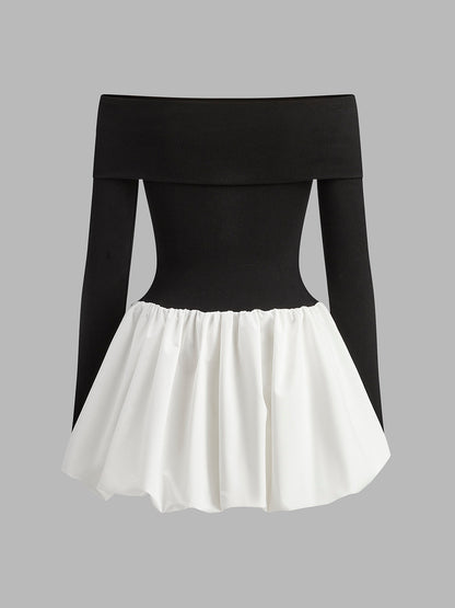 İki Tonlu Omuz Açık Kabarık Kısa Elbise