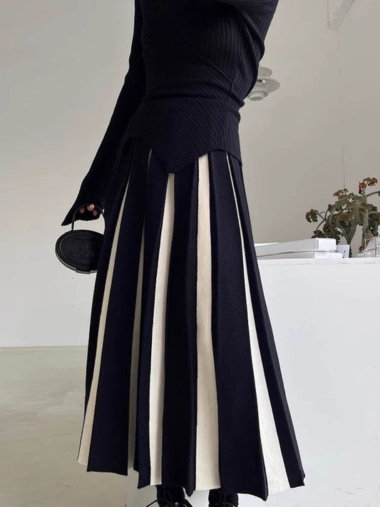 Renk Bloklu Örme Midi Etek