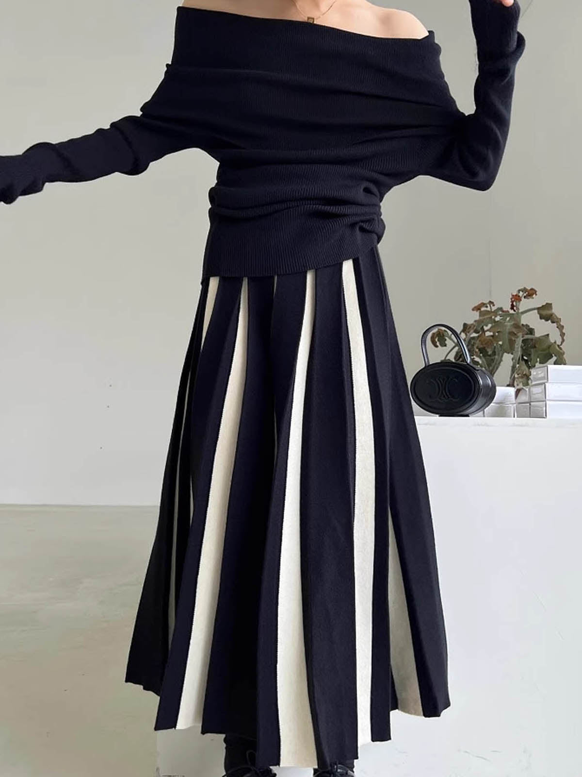 Renk Bloklu Örme Midi Etek