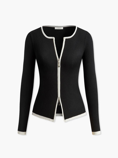 Kontrast Kesim Çift Fermuarlı Örgü Üst