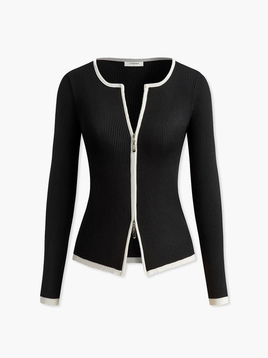 Kontrast Kesim Çift Fermuarlı Örgü Üst