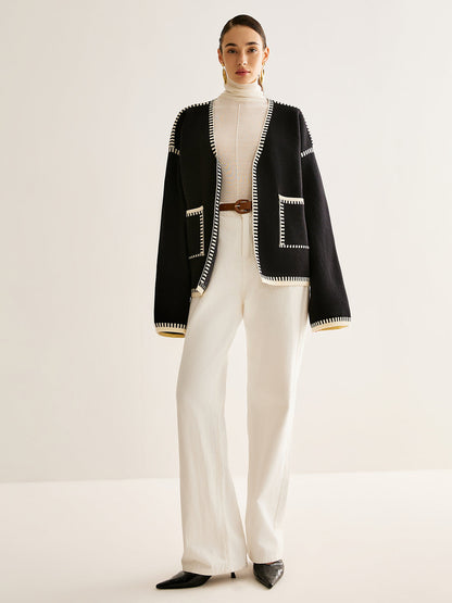 Kontrast Bağlamalı Kemerli Yırtık Hırka