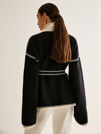 Kontrast Bağlamalı Kemerli Yırtık Hırka