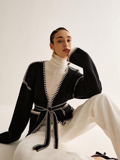 Kontrast Bağlamalı Kemerli Yırtık Hırka