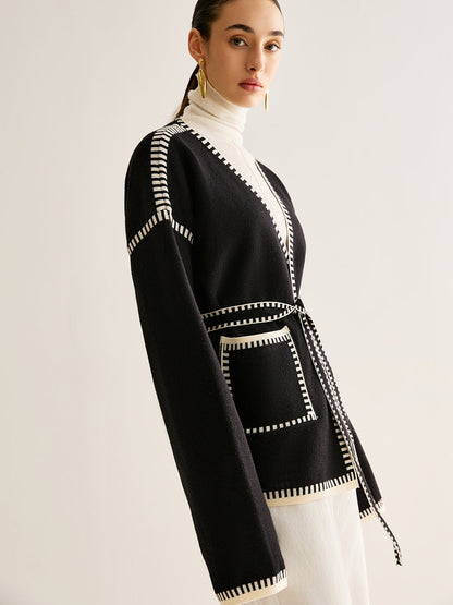 Kontrast Bağlamalı Kemerli Yırtık Hırka