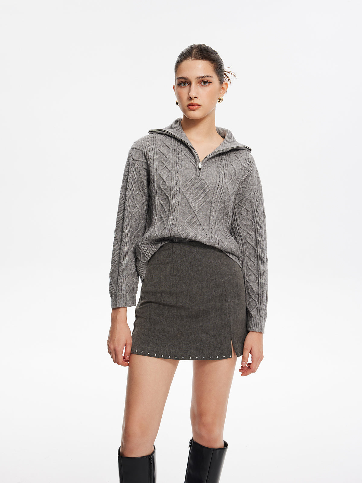 Boncuklu Kenarlı Fermuarlı Mini Etek