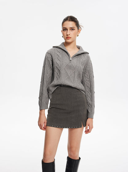 Boncuklu Kenarlı Fermuarlı Mini Etek