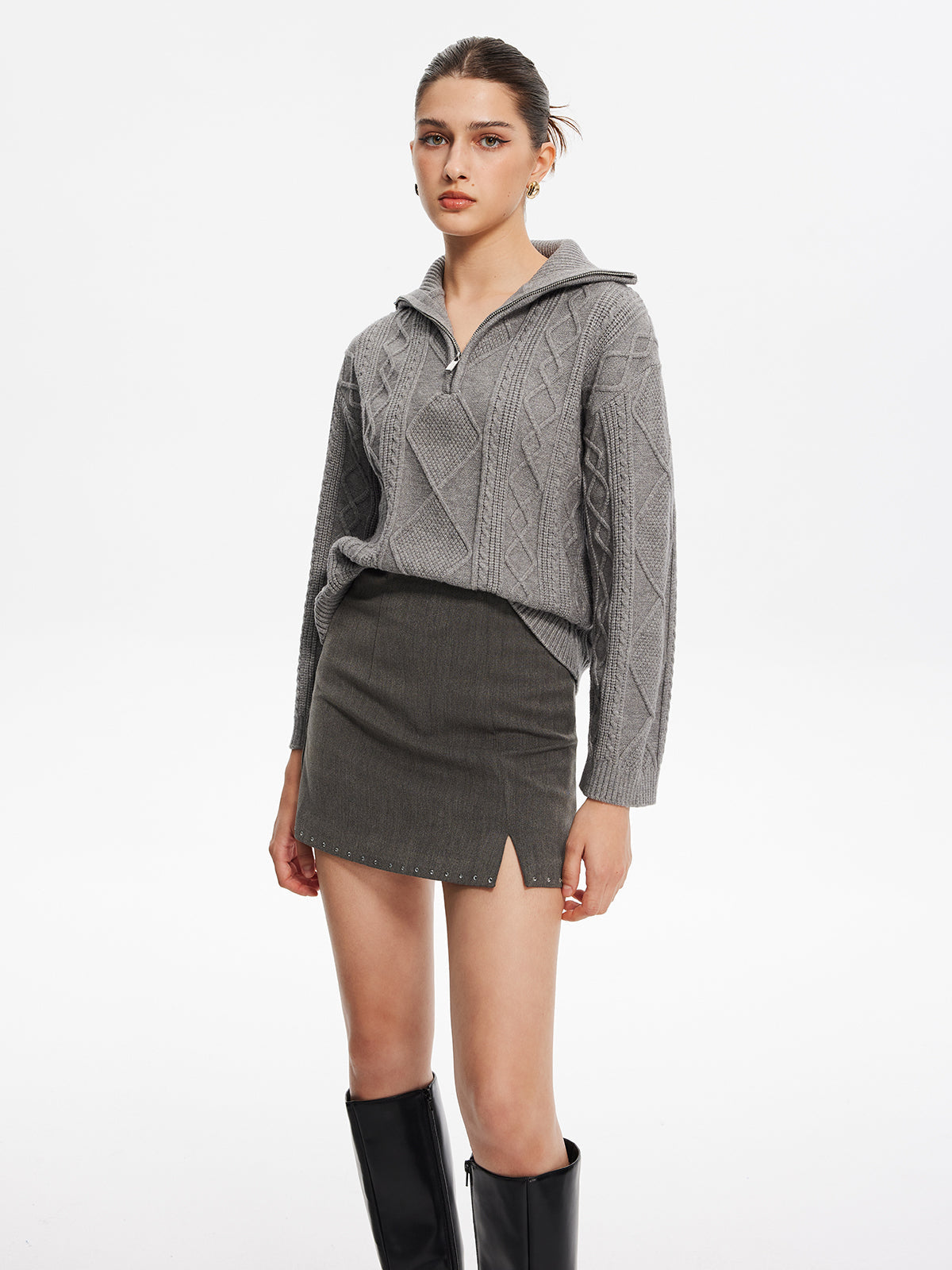 Boncuklu Kenarlı Fermuarlı Mini Etek