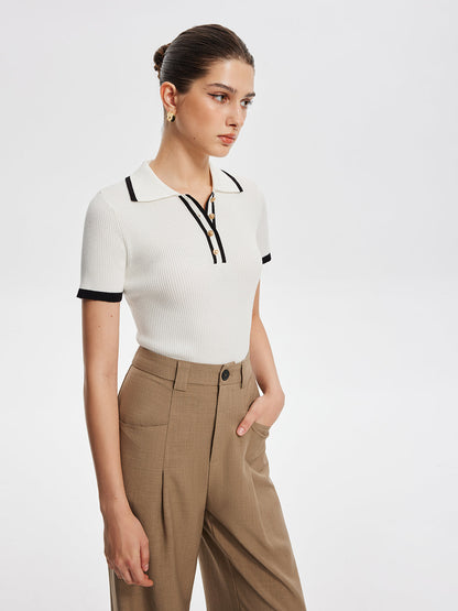 Kontrast Kesim Metal Düğmeli Örgü Üst
