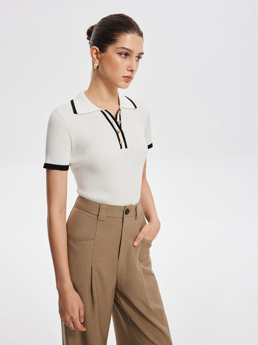 Kontrast Kesim Metal Düğmeli Örgü Üst