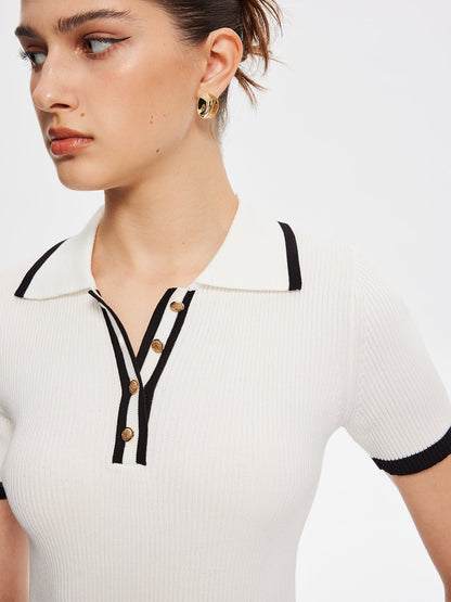 Kontrast Kesim Metal Düğmeli Örgü Üst
