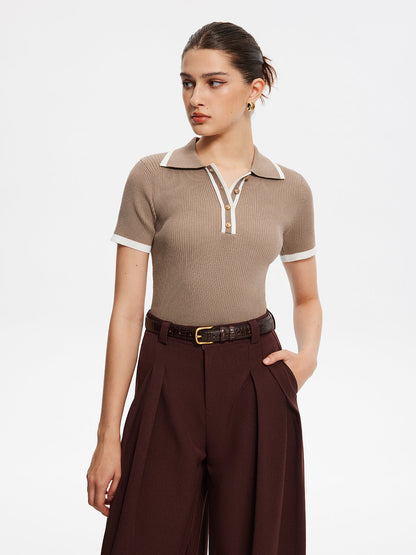 Kontrast Kesim Metal Düğmeli Örgü Üst