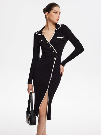 Kontrast Kesimli Midi Örgü Elbise