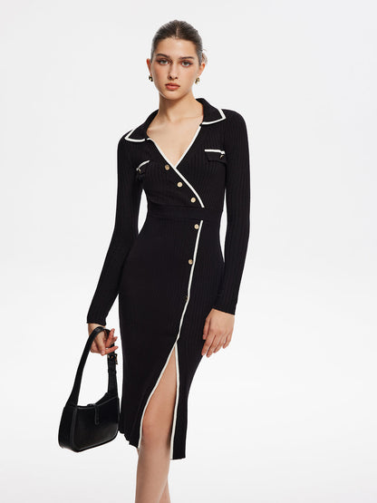 Kontrast Kesimli Midi Örgü Elbise