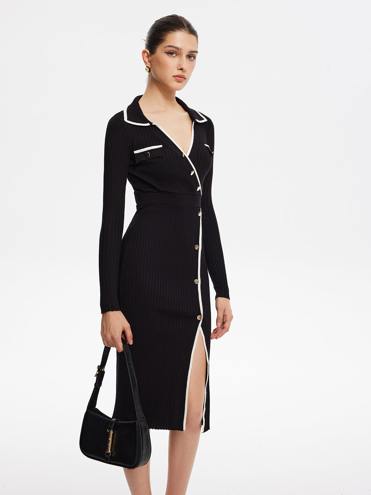 Kontrast Kesimli Midi Örgü Elbise