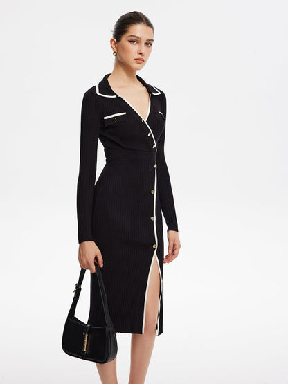 Kontrast Kesimli Midi Örgü Elbise