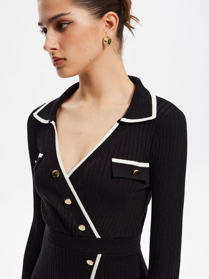 Kontrast Kesimli Midi Örgü Elbise