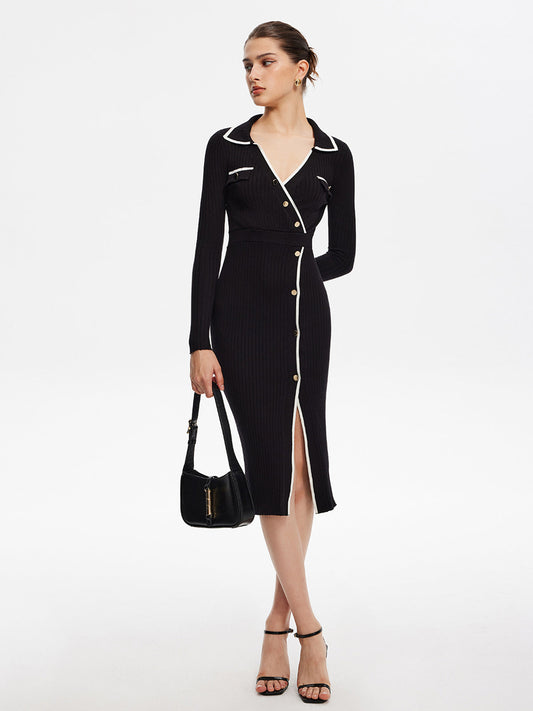 Kontrast Kesimli Midi Örgü Elbise