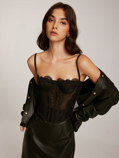 Yarı Şeffaf Spagetti Askılı Dantel Korse