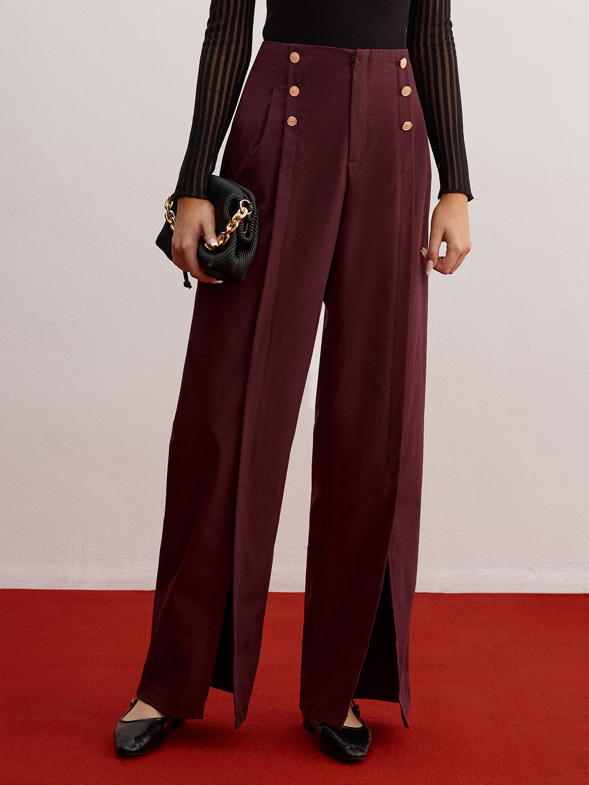 Düğmeli Dekorlu Bölünmüş Geniş Paça Pantolon