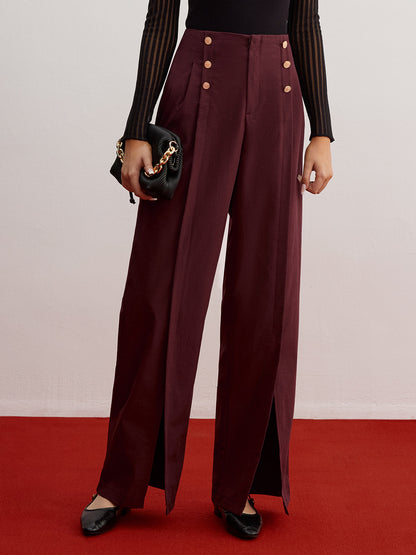 Düğmeli Dekorlu Bölünmüş Geniş Paça Pantolon