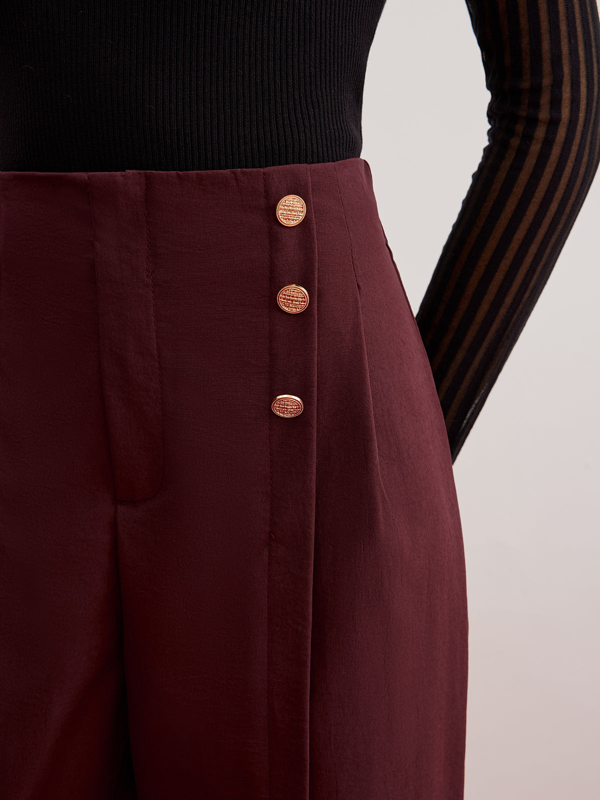 Düğmeli Dekorlu Bölünmüş Geniş Paça Pantolon