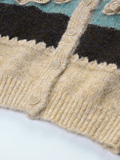 Tığ İşi Çiçekli Renk Bloklu Hırka