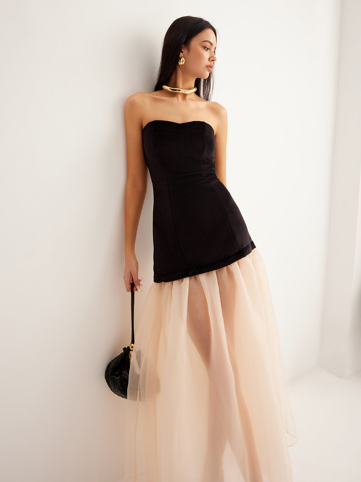 Yarı Şeffaf Kadife Panel File Tüp Elbise