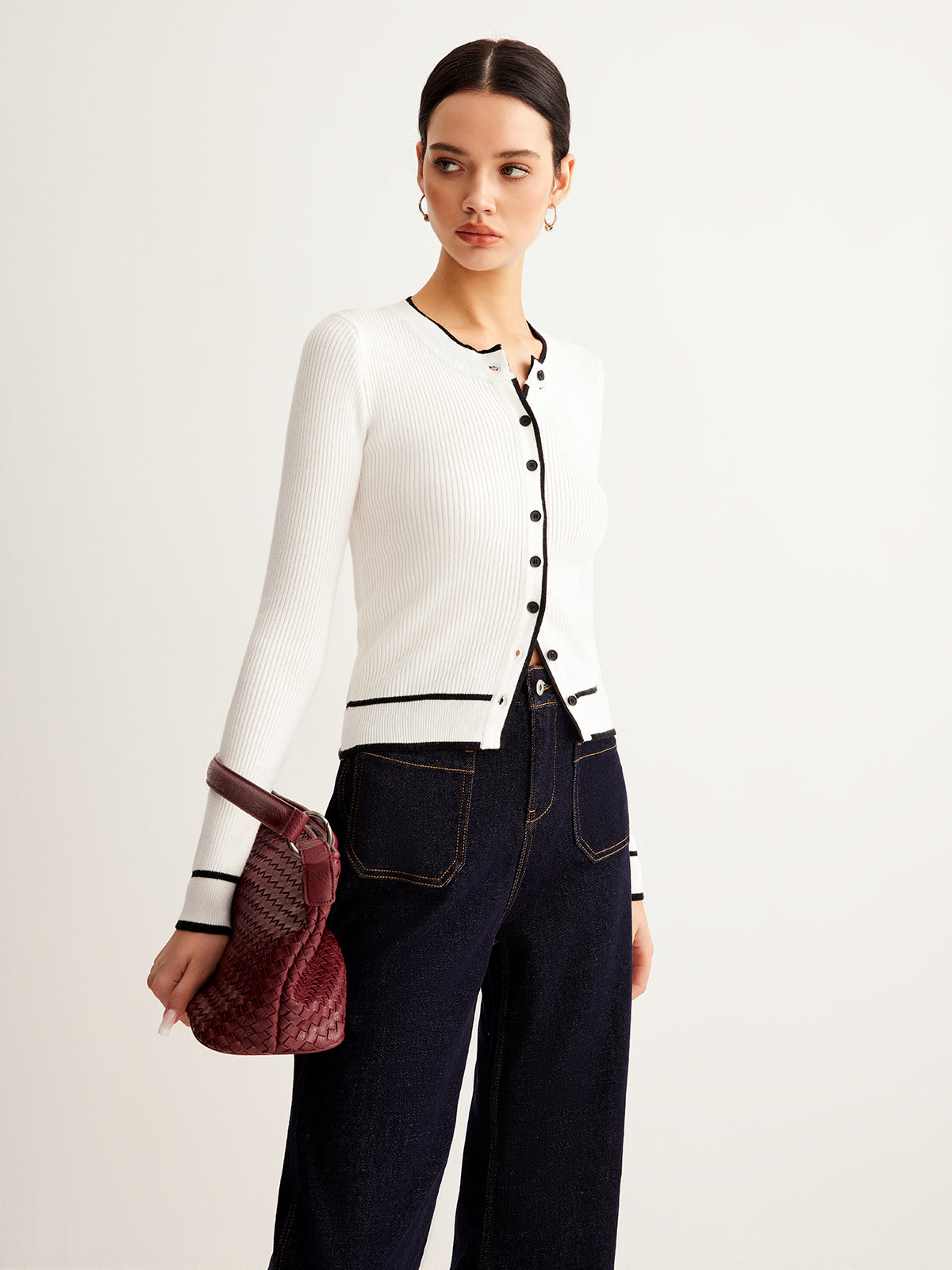 Kontrast Bağlamalı Ribana Düğmeli Hırka