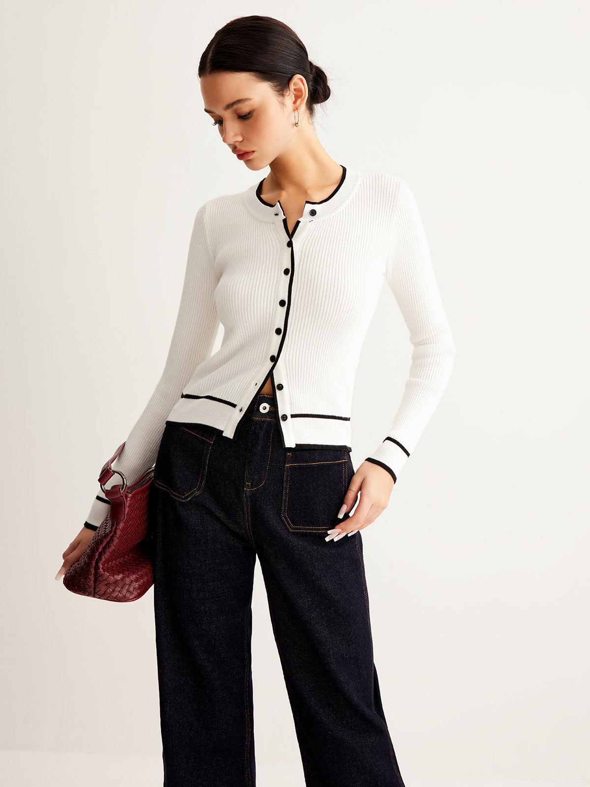 Kontrast Bağlamalı Ribana Düğmeli Hırka