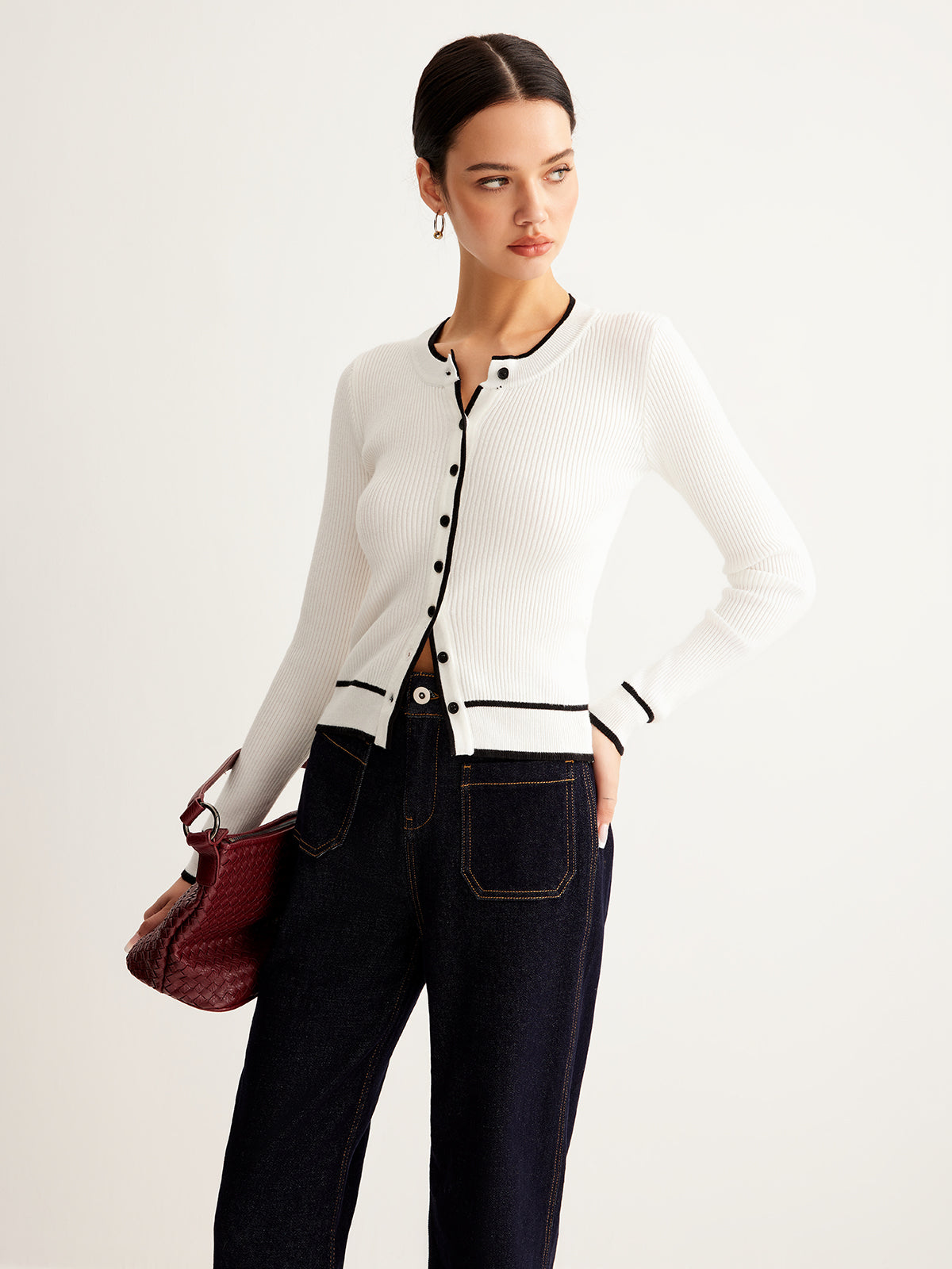 Kontrast Bağlamalı Ribana Düğmeli Hırka