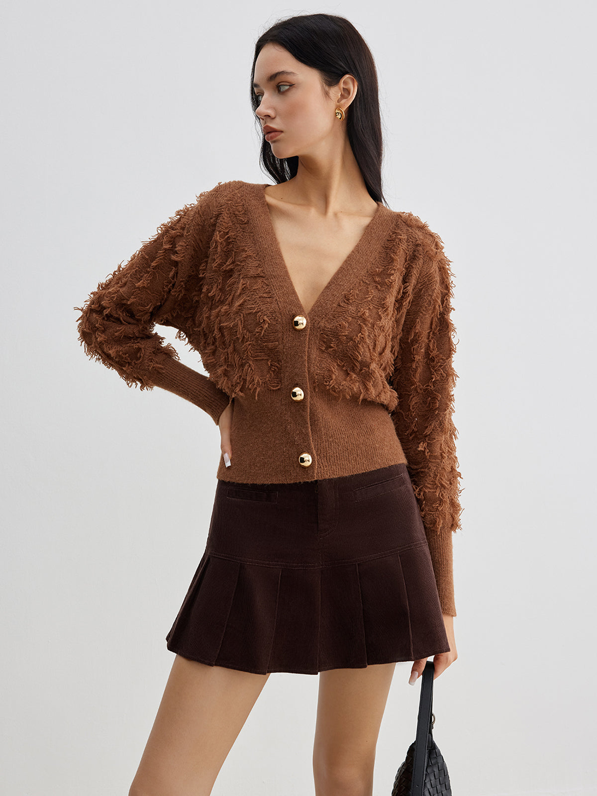 Ham Etek Ucu Düğmeli Büzgülü Hırka