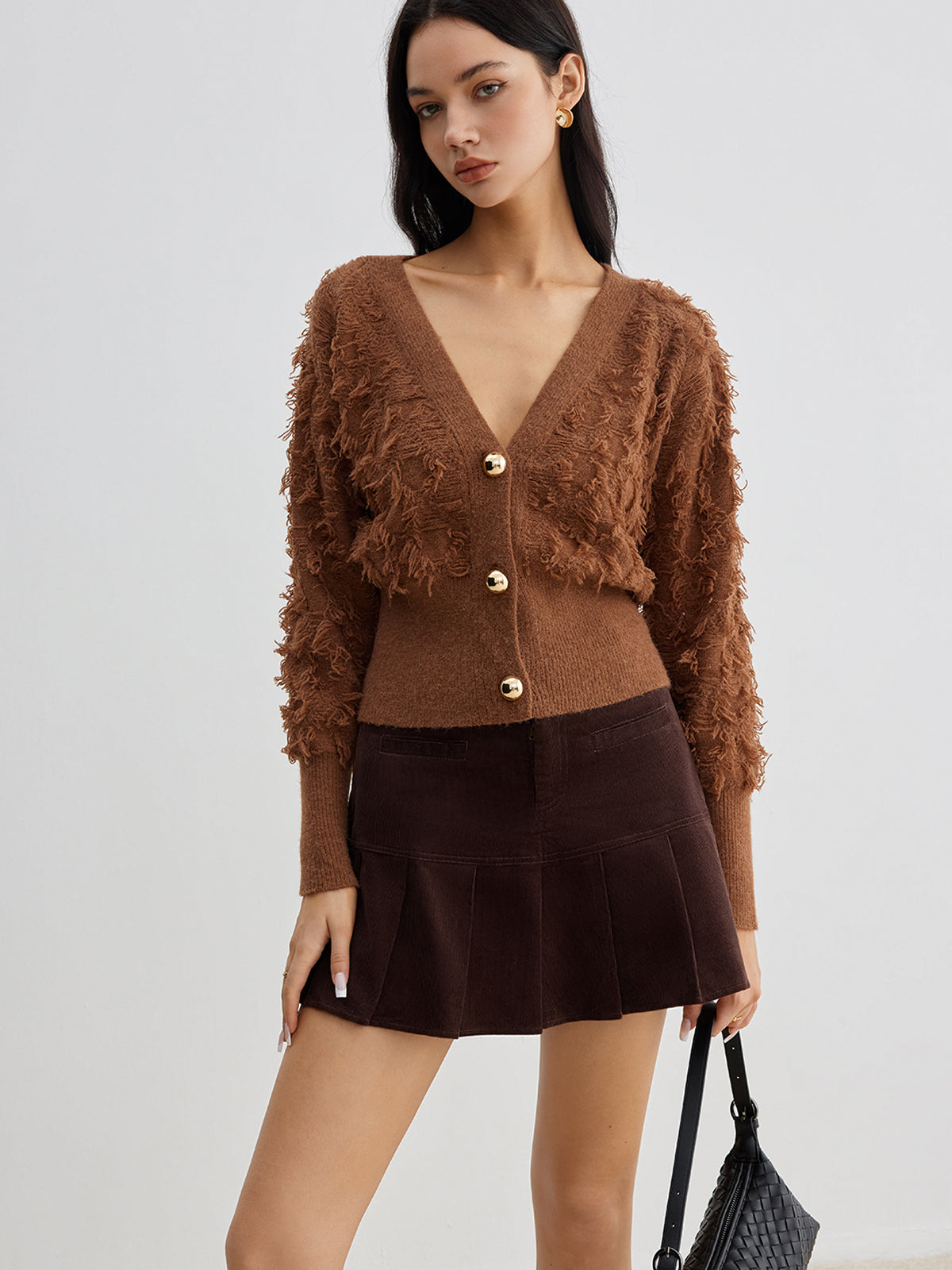 Ham Etek Ucu Düğmeli Büzgülü Hırka