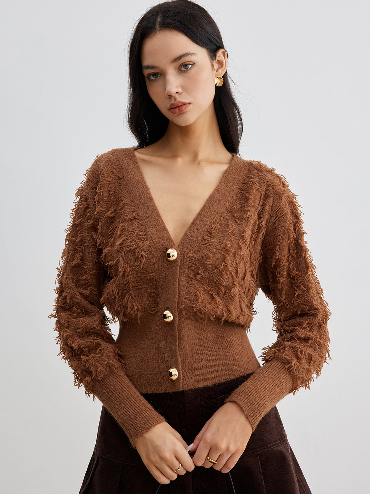 Ham Etek Ucu Düğmeli Büzgülü Hırka