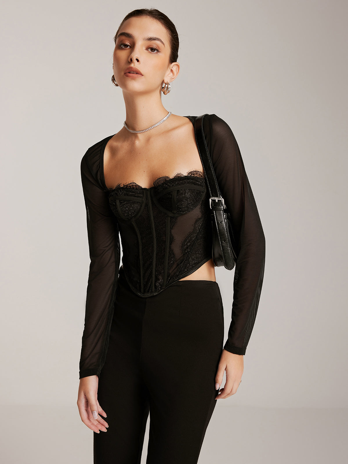 Şeffaf Uzun Kollu Sevgili Dantel Dar Tişört