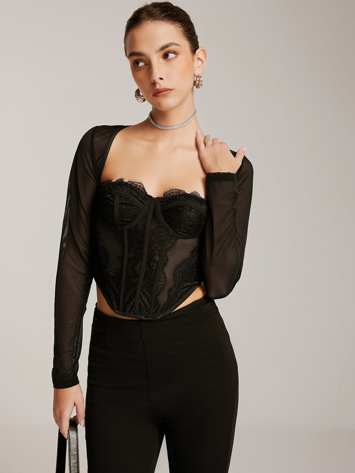 Şeffaf Uzun Kollu Sevgili Dantel Dar Tişört