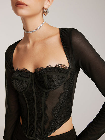 Şeffaf Uzun Kollu Sevgili Dantel Dar Tişört