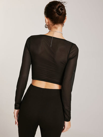 Şeffaf Uzun Kollu Sevgili Dantel Dar Tişört