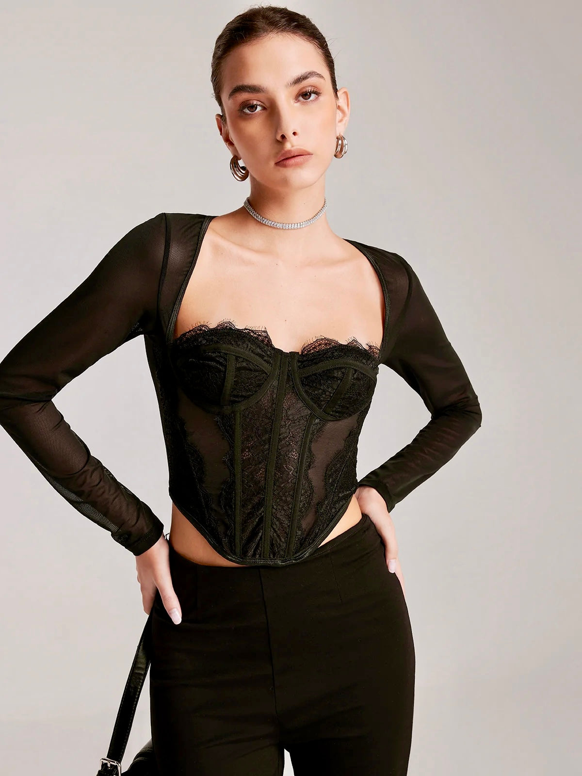 Şeffaf Uzun Kollu Sevgili Dantel Dar Tişört