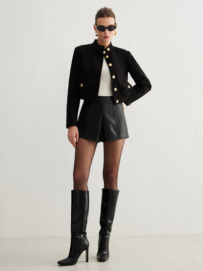 Dik Yaka Düğmeli Tweed Kısa Ceket