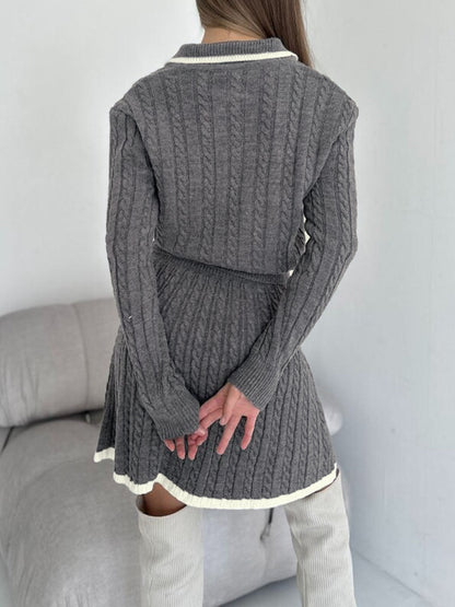 Kontrast Kesim Kablo Örgü Yaka Etek Takımı
