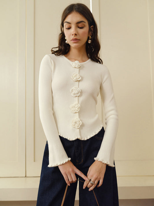 3D Çiçekli Marul Kenarlı Hırka